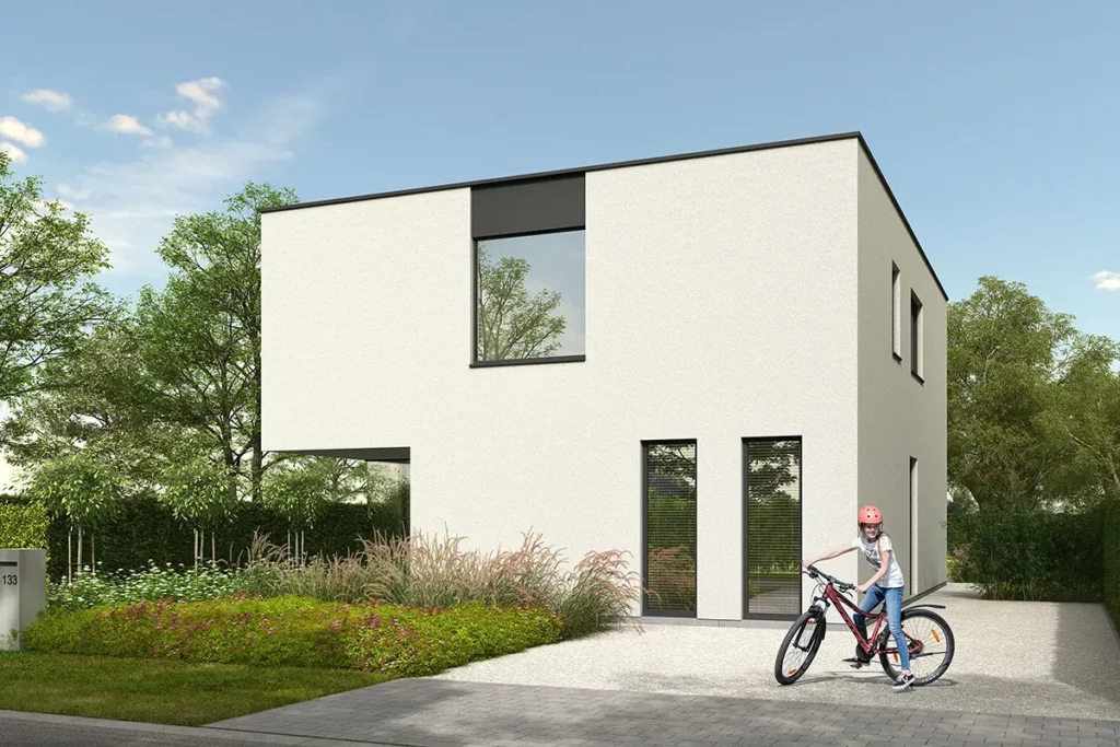 3d visualisatie alleenstaande woning met groene voortuin