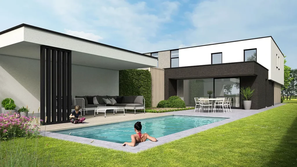 moderne woning met zwembad en poolhouse